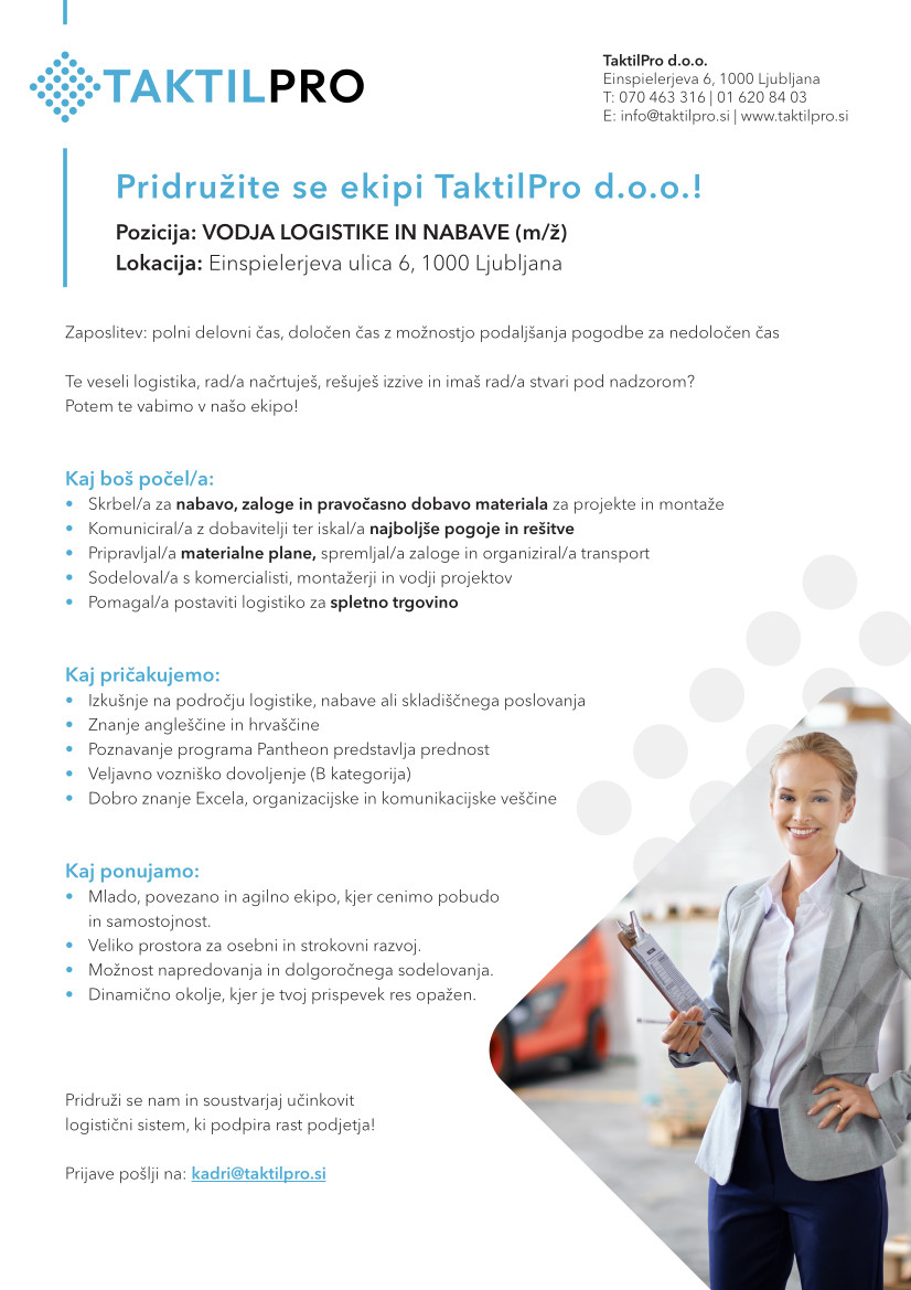 oglas za delo - vodjo logistike in nabave